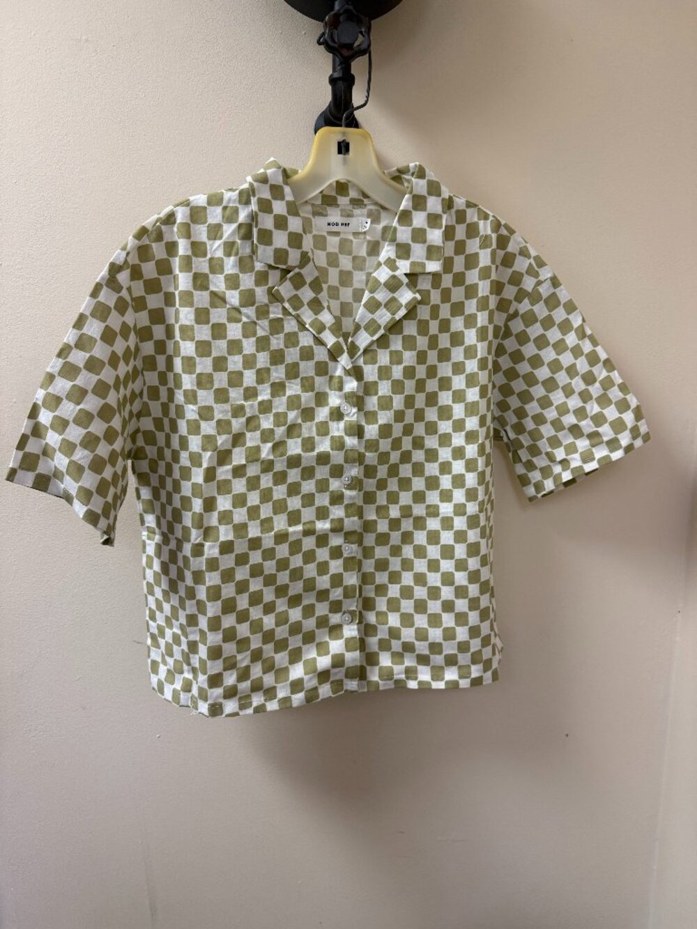 Mod Ref Women's Green Checkerboard Linen Blend Button Front Camp Shirt Size Medi
